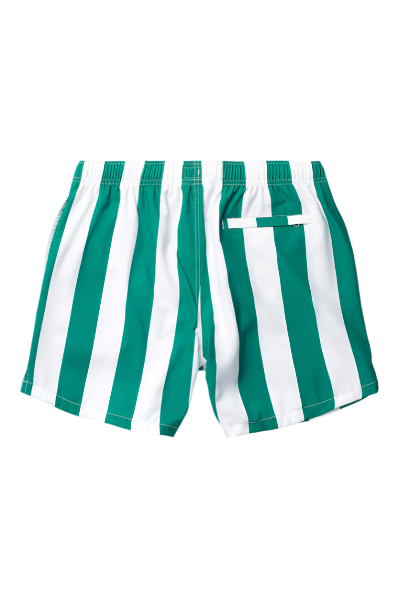 Green and white striped shorts on a light gray background