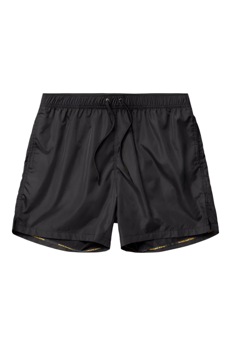 Black swim shorts on a light gray background