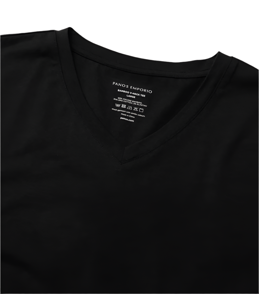 Black t-shirt with Panos label on a light gray background