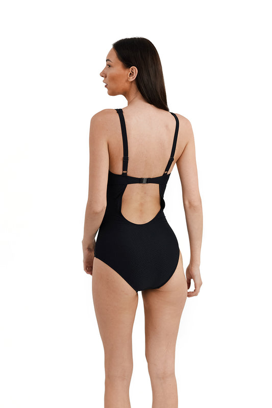 Portofino Cruise Textured V Neck Backless Swimsuit, Black