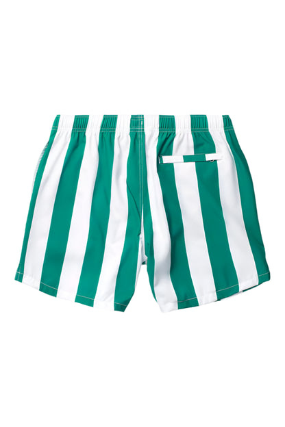 Green and white striped shorts on a light gray background