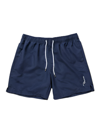 Navy blue shorts with Panos logo on a beige background