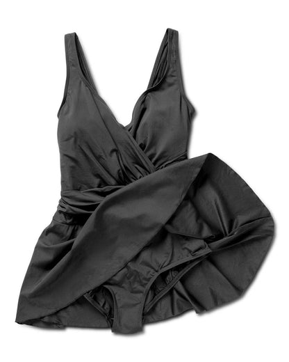 V Neck Venezia Skirted Swimsuit, Black.
